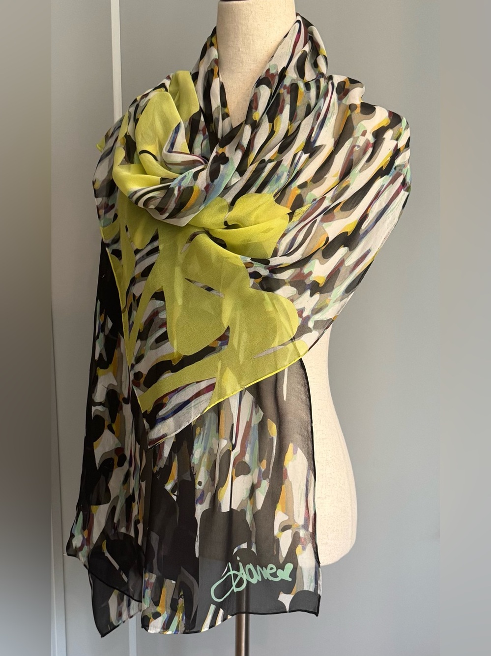 Diane Von Furstenberg Vintage Yellow and Multi-Color Abstract Silk Scarf - Picture 7 of 7